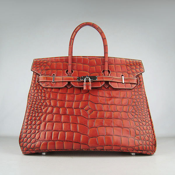 High Quality Fake Hermes Birkin 35CM Crocodile Veins Leather Bag Dark Orange 6089